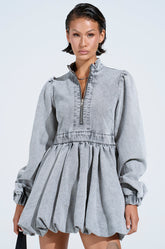 PASS THE BUBBLY DENIM MINI DRESS IN LIGHT GREY