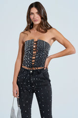 POPSTAR BLACK DENIM CORSET WITH RHINESTONE