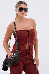 IT GETS EASIER DENIM CORSET IN BURGUNDY