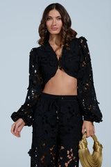 LATE NIGHT DREAMS FLORAL CUTOUT CROPPED BLOUSE