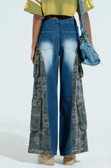 CADET CRAZY CAMO AND DENIM WIDE LEG PANT