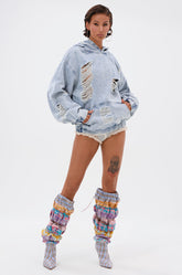 TRINITY DISTRESSED DENIM HOODIE