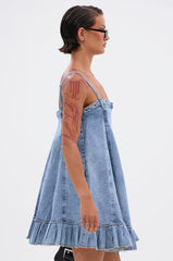 PLEATED UP MINI DRESS IN DENIM