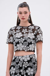 FLORAL SEQUIN MESH SHORT SLEEVE BLOUSE