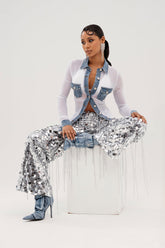 EXPENSIVE TASTE STRETCHY SEQUIN CHAIN PANTS