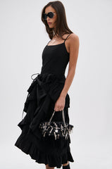 ADDED DRAMA RUFFLED MIDI DRESS IN BLACK