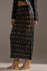 THE SNEAK PEEK STUDDED PU MIDI SKIRT IN BLACK