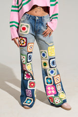 PEACE & LOVE CROCHET EMBROIDERED MID RISE DENIM