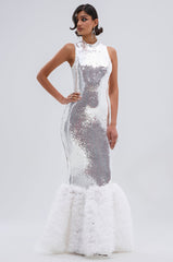BELLE OF THE BALL SEQUIN RUFFLE MAXI DRESS IN WHITE
