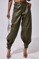 STUDDED FAUX LEATHER BELTED PANT
