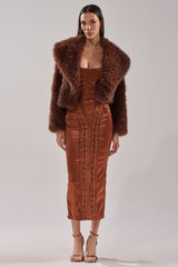 WOAH BABY SATIN MIDI DRESS IN CHOCOLATE