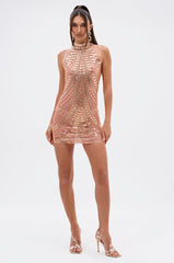 SHINE BRIGHT RHINESTONE MESH MINI DRESS IN ROSE GOLD