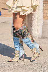 AZALEA WANG AILA DENIM MULTI STUDDED POINTED TOE STILETTO BOOT