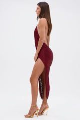 SOFIA FRINGE HIGH SLIT MIDI DRESS IN BURGUNDY