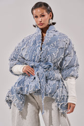 RIB SLEEVE PEPLUM PUFFER IN DENIM