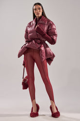 RIB SLEEVE PEPLUM PUFFER IN BURGUNDY