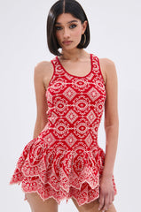 JANINE PRINTED RUFFLE MINI DRESS IN RED