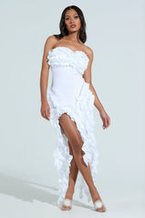 CITY LIGHTS RUFFLE MIDI DRESS IN WHITE