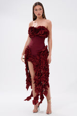 CITY LIGHTS RUFFLE MIDI DRESS IN BURGUNDY