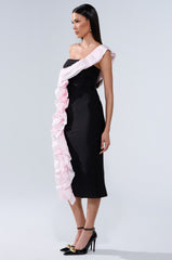 SOFT FLEX BANDAGE MIDI DRESS WITH RUFFLE DETAIL