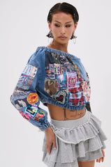 PATCHWORK DENIM OFF THE SHOULDER TOP