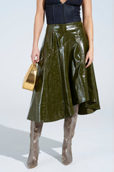 THINK ABOUT IT FAUX LEATHER MIDI SKIRT IN OLIVE