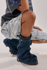 AKIRA GOLD ANGELA FOLD OVER PLATFORM BOOT IN DARK DENIM