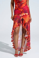 UP IN FLAMES RUFFLE MIDI SKIRT