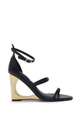 AZALEA WANG AYYAR BLACK GOLD WEDGE HEEL SANDAL