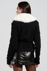 BABBS KNIT FUR TRIM CARDIGAN WITH SELF TIE BELT