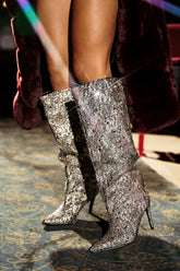 AZALEA WANG BRIELEY GOLD AND BLACK FLORAL BROCADE KNEE HIGH BOOT