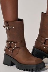 AZALEA WANG BUCKED BROWN CHUNKY HEEL COMBAT BOOTIE