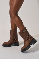 AZALEA WANG BUCKED BROWN CHUNKY HEEL COMBAT BOOTIE