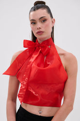 SUNSHINE COWL NECK SATIN BLOUSE IN ORANGE