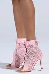 AZALEA WANG DOROTHY PINK LEOPARD LACE OPEN TOE BOOTIE