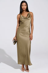BELLA SATIN MAXI DRESS IN OLIVE