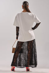 GIRLY BUT NOT LAYERED LACE MIDI DRESS WITH GRAPHIC