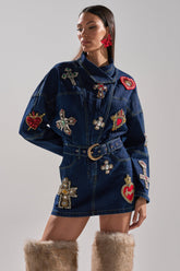 PRETTIEST PROBLEM DENIM PATCHWORK MINI DRESS