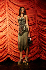 SOFIA VELVET FRINGE PRINTED MIDI DRESS