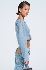 SHAKE IT OFF DENIM OFF THE SHOULDER TOP
