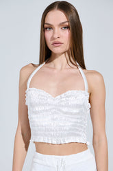 BABY DOLL RUCHED SATIN HALTER TOP IN WHITE