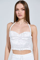 BABY DOLL RUCHED SATIN HALTER TOP IN WHITE