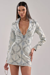 LOOK AT ME RHINESTONE BLAZER DRESS IN LIGHT BLUE DENIM
