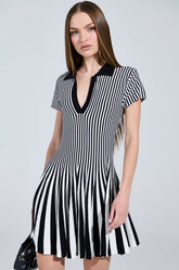 ALINA PLEATED KNIT FIT AND FLARE MINI DRESS IN BLACK AND WHITE
