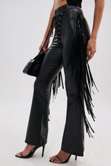 SHOW TIME FAUX LEATHER FLARE PANT WITH LACE UP