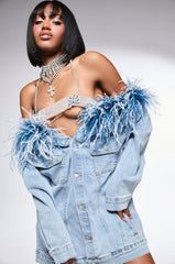 CHIC AF DENIM MINI DRESS WITH FEATHERS