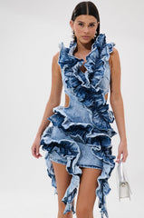 SAY IT AGAIN RUFFLED DENIM MINI DRESS