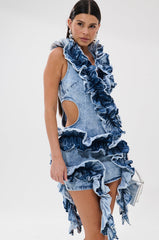 SAY IT AGAIN RUFFLED DENIM MINI DRESS
