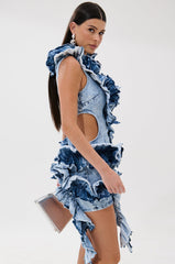 SAY IT AGAIN RUFFLED DENIM MINI DRESS