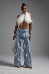 SHAKE IT FOR ME GIRL FEATHER EMBELLISHED DENIM